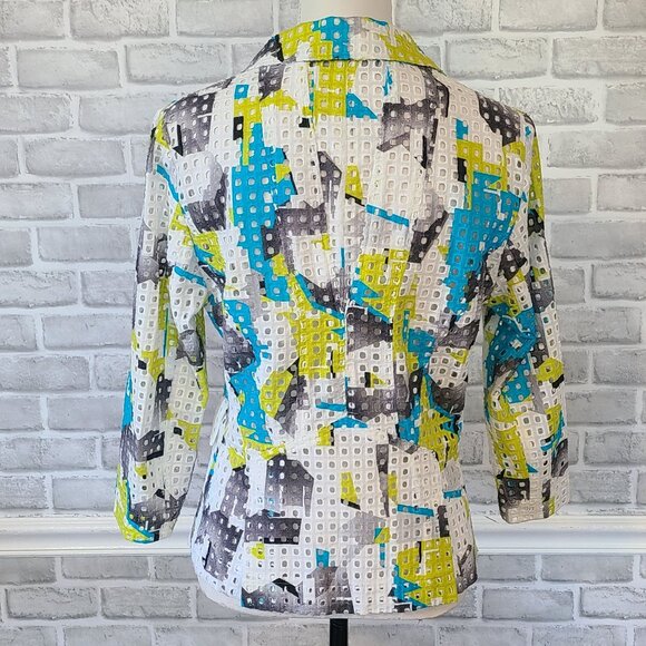 Per Se Cotton Silk Eyelet Blazer Jacket Abstract Art to Wear Dopamine Womens 8 - Picture 3 of 8